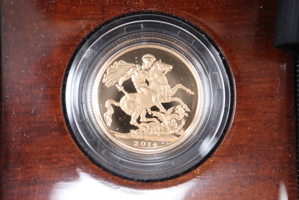 A Queen Elizabeth II gold proof sovereign, 2014, limited edition presentation 0558/7500, wood case